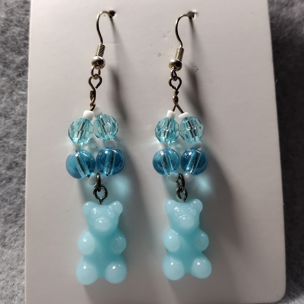 Handmade dangle earrings, light blue gummy bears, blue and white beads